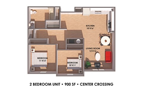 Floor plan for 2 beds, 1 bath, 900 sqft